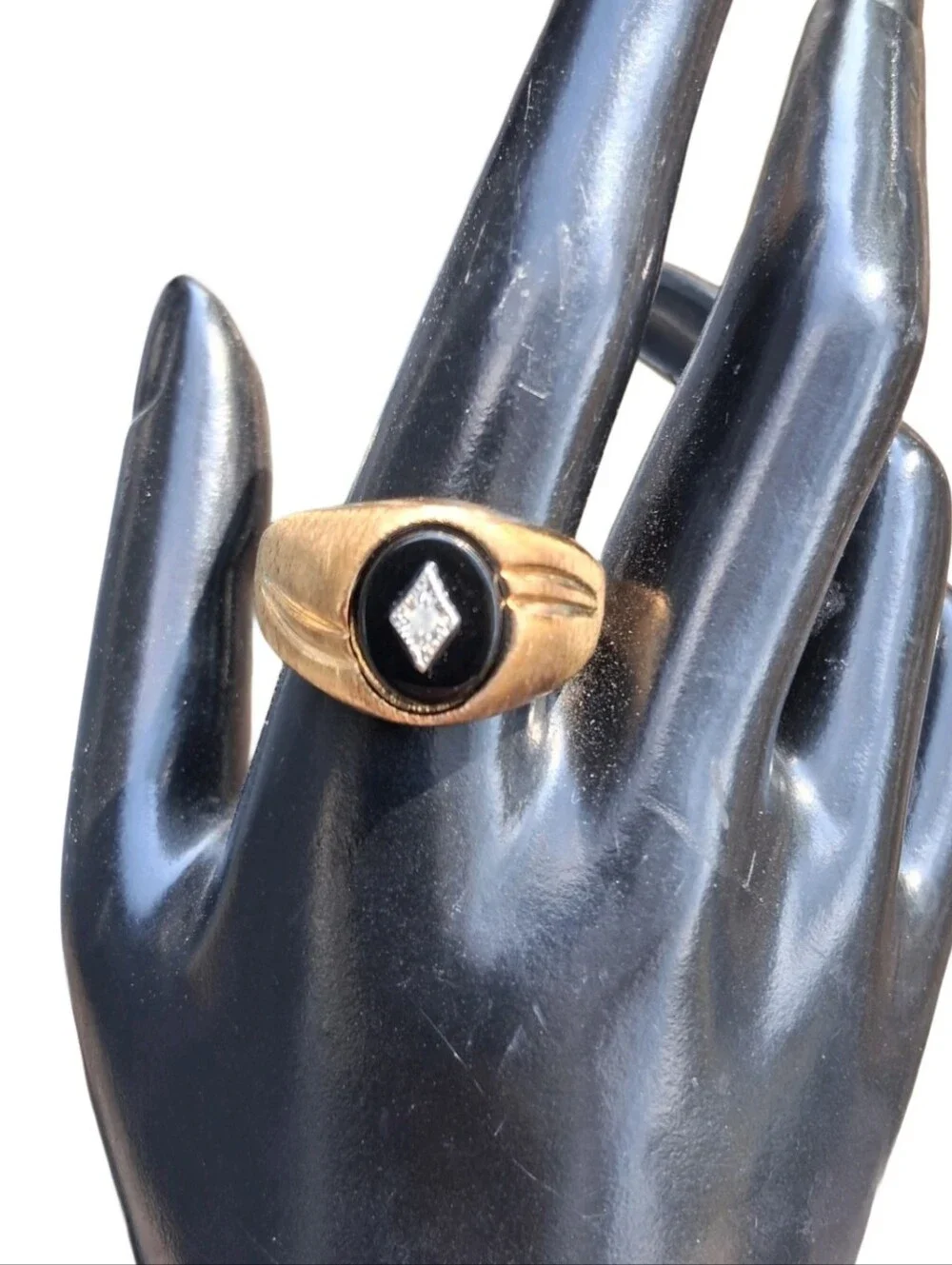 Vintage Uncas 14K HGE LIND Mens Black Onyx Diamond Accent Signet Ring Size 12
